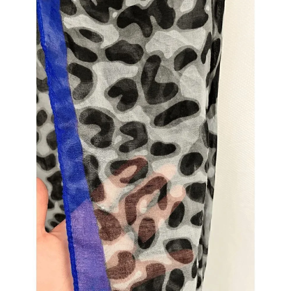 Womens Animal Print Cover Up Scarf Black And Gray Blue Border